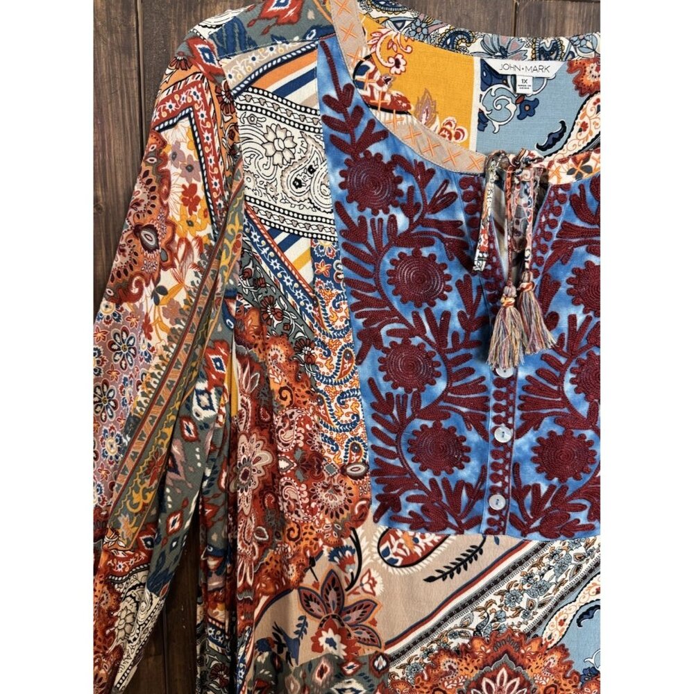 John Mark 1X Colorful Embroidered Tasseled 3/4 Sleeve Tunic Top NWOT - Picture 6 of 15